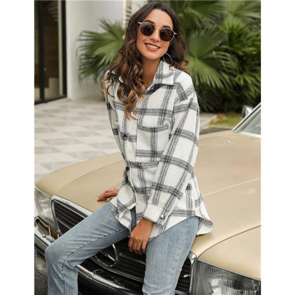 White Plaid Printed Flannel Button Up Shacket Jacket Coat Thick Long Sleeve Top - Picture 5 of 6